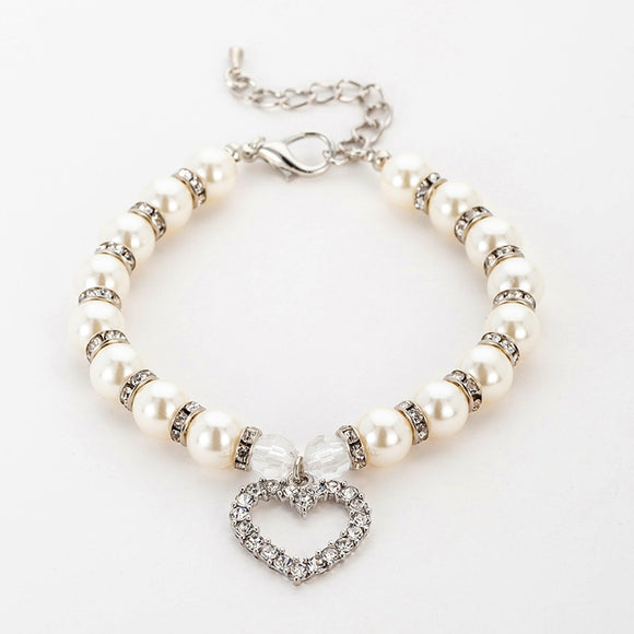 Elegant Faux Pearl, Rhinestone Heart & Crystal Bead Pet Collar Necklace. Comes in S, M, L and multiple colors.