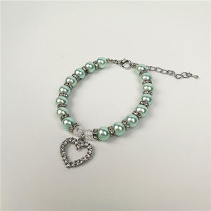 Elegant Faux Pearl, Rhinestone Heart & Crystal Bead Pet Collar Necklace. Comes in S, M, L and multiple colors.