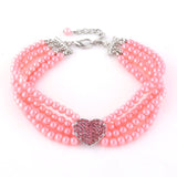 Party Pearl Collar Pet Necklace With Glammed Up Crystal Heart. Comes In Pink and White and Multiple Sizes.