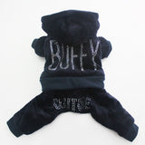 Buffy Couture Velvet Track Suite With Rhinestone Embellishments. Fleece Lined, Snap Closure. Comes In Pink and Navy Blue.