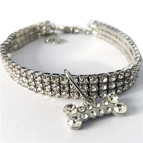 Glamorous 3 Strand Rhinestone Necklace Collar With Rhinestone Bone Pendant. Luxury accessory every pet must have.