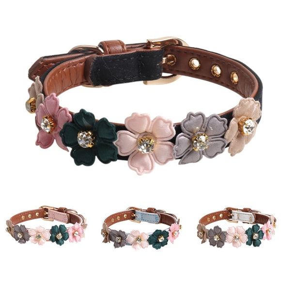 Parisian Flower Collar. Cute Shiny Rhinestone and Faux Leather Collar Necklace. Adjustable Size For Small and Medium Pets