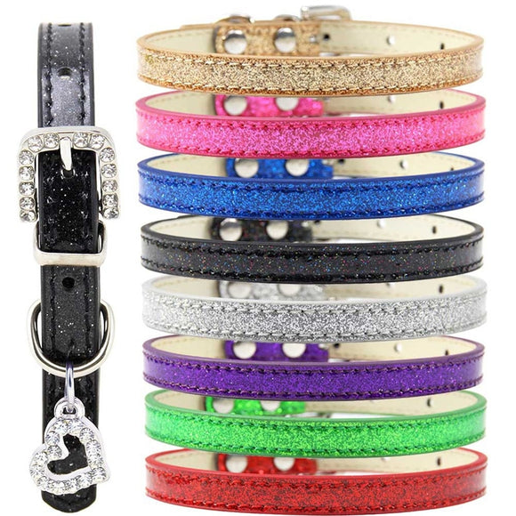 Love Heart Rhinestone Pendant Necklace. Soft Leather Like Collar With Rhinestone Buckle. Multiple Colors and Sizes.