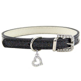 Love Heart Rhinestone Pendant Necklace. Soft Leather Like Collar With Rhinestone Buckle. Multiple Colors and Sizes.