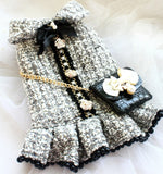 Haute Couture- Vintage Coco Style Gray Tweed Dress With Faux Crocodile Leather Bag!