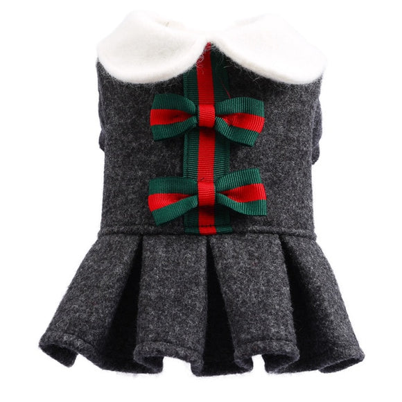 Designer Styles For Your Fur Baby! Dark Grey Bow Dress-High end designer inspired outfits for the best dressed pet.   XS S M L XL