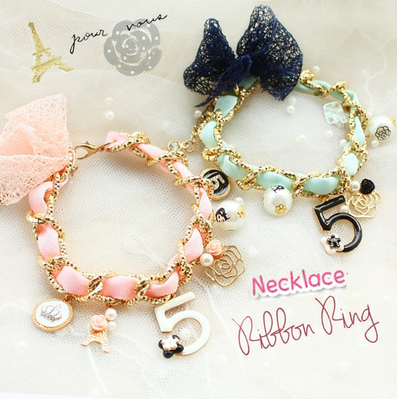 Luxurious Classic Pink Or Black Bow, No. 5, Adjustable Pet Collar Necklace With Charms And Beads.