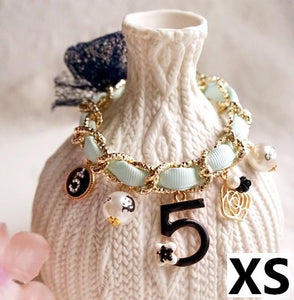 Luxurious Classic Pink Or Black Bow, No. 5, Adjustable Pet Collar Necklace With Charms And Beads.