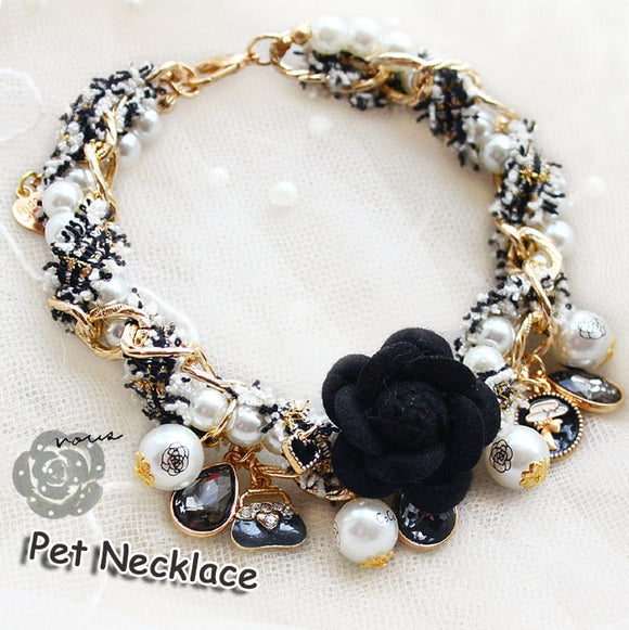 Designer Style Adjustable Pet Necklace Collar. Luxurious Pearl Camellias, Sparkling Jewels, Beads and Charms.