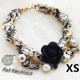 Designer Style Adjustable Pet Necklace Collar. Luxurious Pearl Camellias, Sparkling Jewels, Beads and Charms.