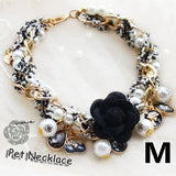 Designer Style Adjustable Pet Necklace Collar. Luxurious Pearl Camellias, Sparkling Jewels, Beads and Charms.