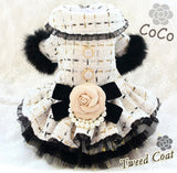 Haute Couture Handmade Camellia Bow Tweed Dress Coat With Faux Fur and Pearls.