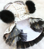 Haute Couture Handmade Camellia Bow Tweed Dress Coat With Faux Fur and Pearls.