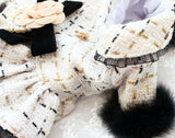 Haute Couture Handmade Camellia Bow Tweed Dress Coat With Faux Fur and Pearls.