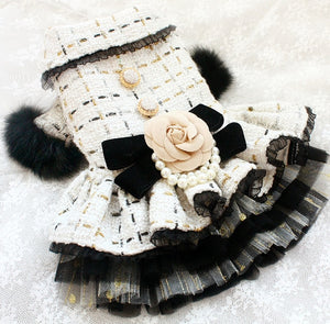 Haute Couture Handmade Camellia Bow Tweed Dress Coat With Faux Fur and Pearls.