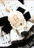 Haute Couture Handmade Camellia Bow Tweed Dress Coat With Faux Fur and Pearls.