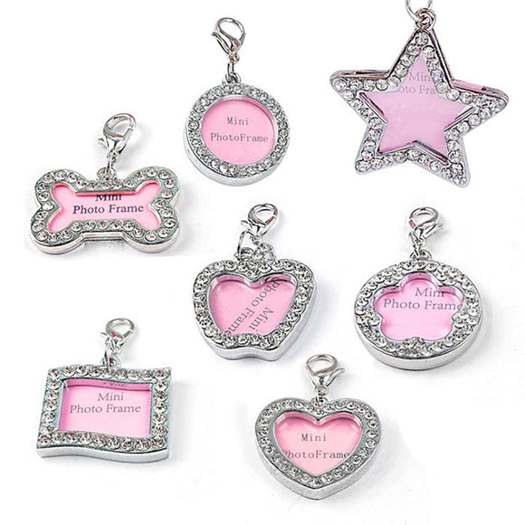 Silver and Rhinestone collar pendants. Mini photo or name tag pendants.  Ultimate bling for your pets. Multiple shapes and sizes.